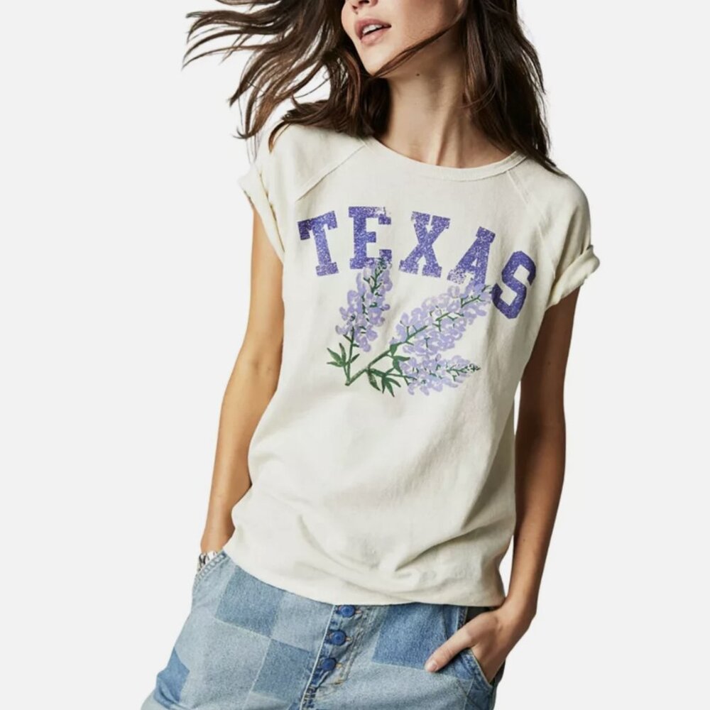 Free People Cream Texas Graphic Short Sleeve Tee with Lavender Print